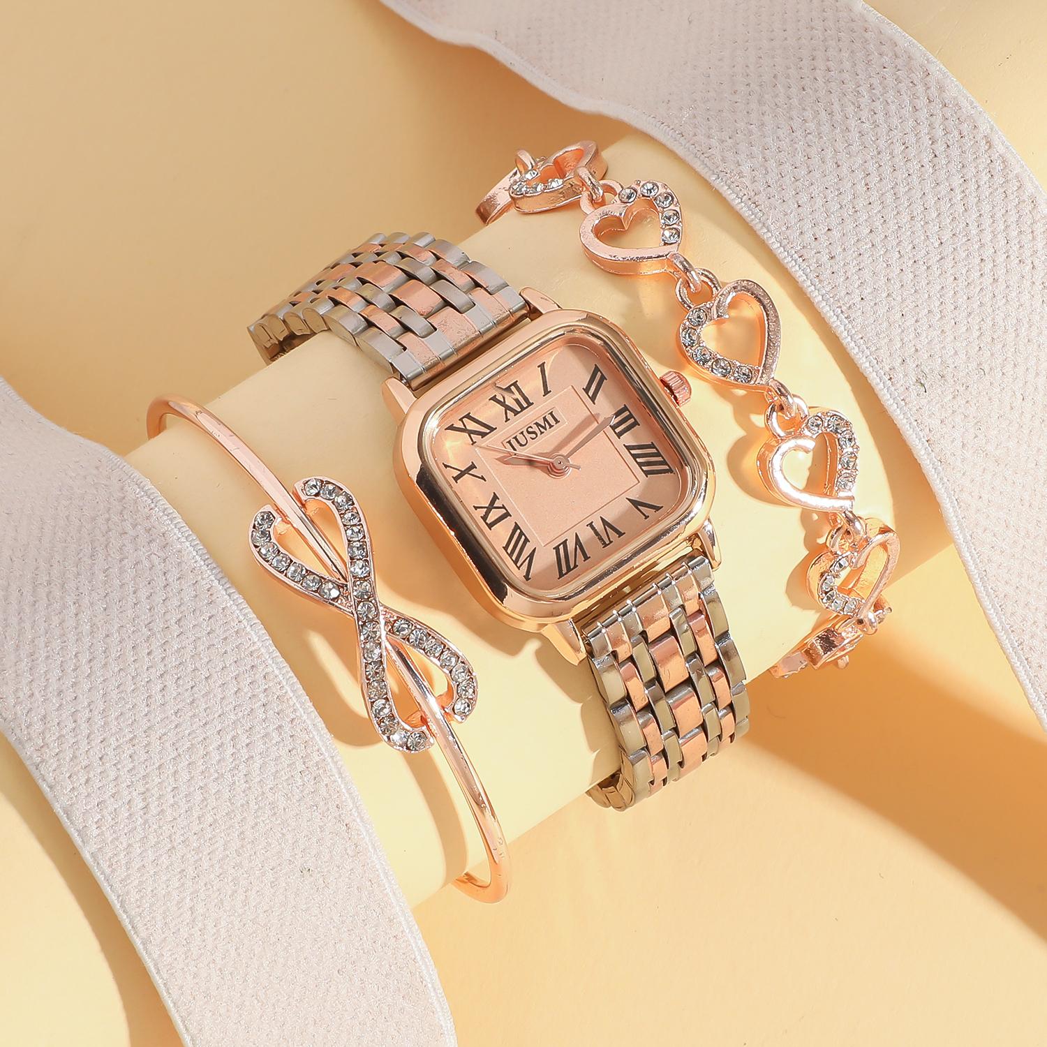 

3-piece set without gift box, square dial, Roman numerals, steel strap, gold quartz watch with heart bracelet ярко-розовый
