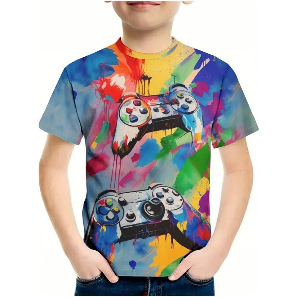 T-Shirt for Kids 3D Print Gamepad Doodle Boy's T-shirts Casual Round Neck Short Sleeves Tees Tops Summer Girl Clothing