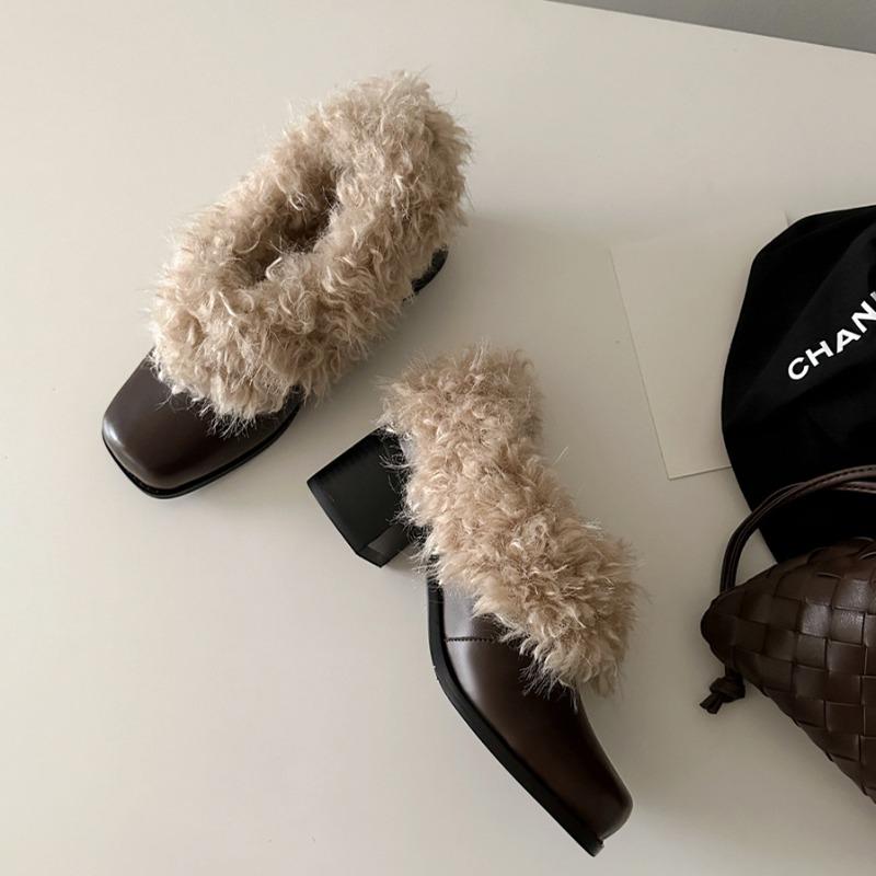 Cowhide version high-heeled fluffy shoes women's velvet warm square head single shoes one pedal thick heel small leather shoes cotton shoes