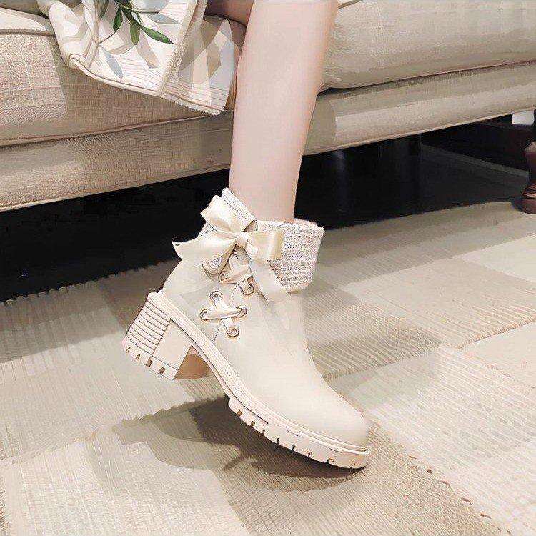 [Genuine Leather] Xiaoxiangfeng Short Boots Women's Autumn and Winter Velvet Bow French Sweet Versatile and Ankle Boots Martin Boots Tide
