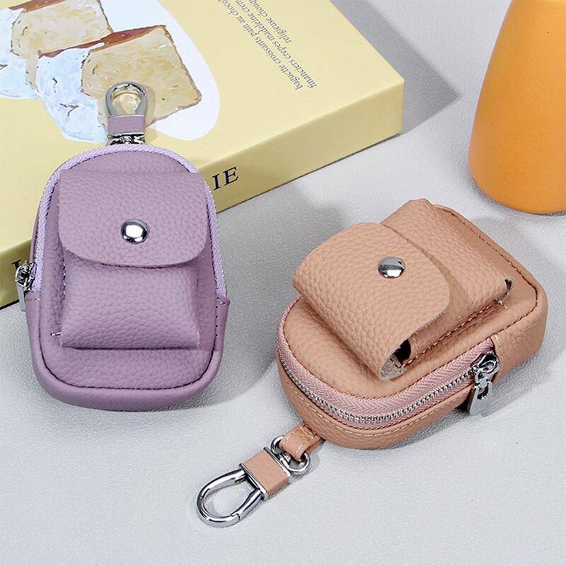 New Durable Genuine Leather Waist Hanging Small Bag Portable Storage Bluetooth Earphone Keys Coins Zipper Pouches Multi-color Selection