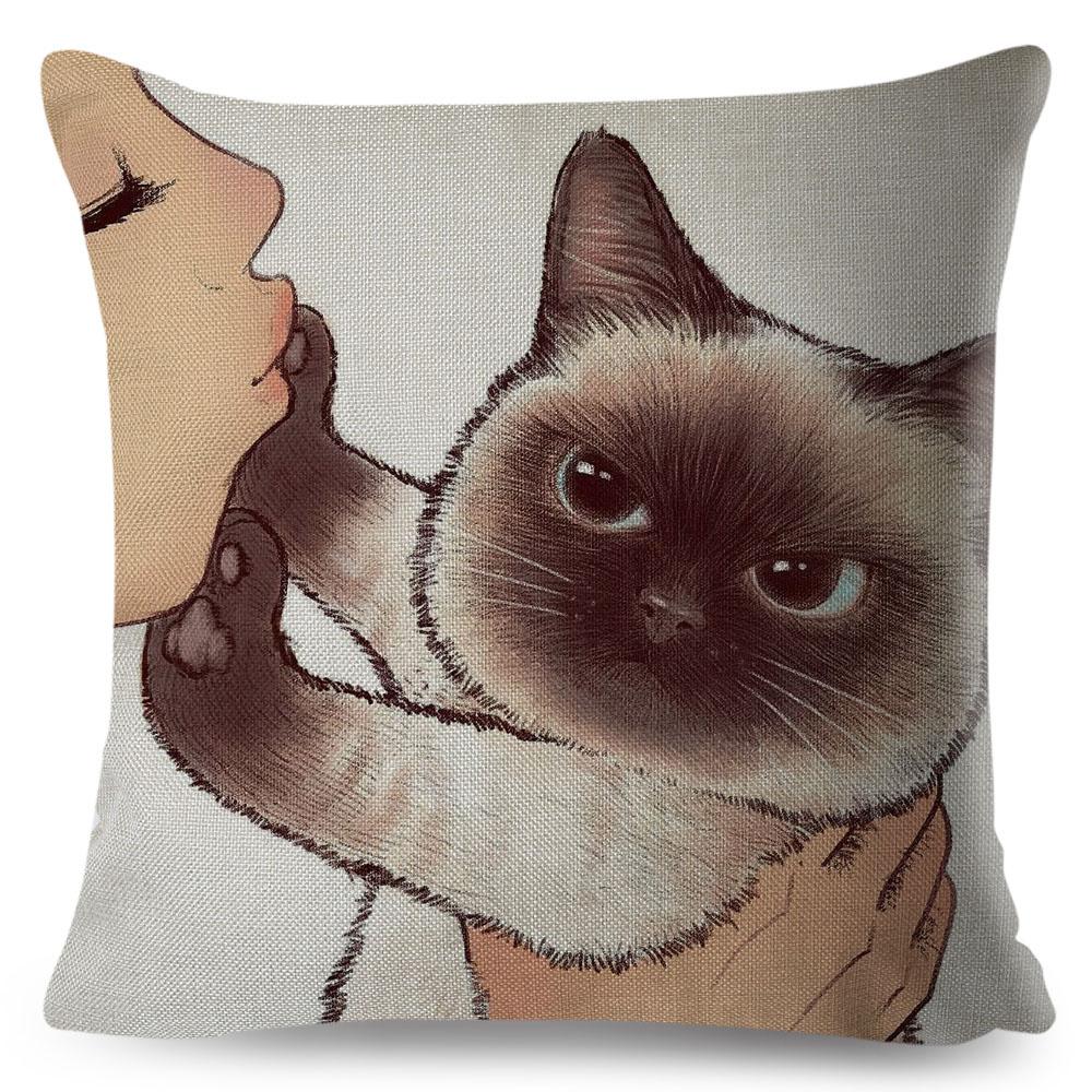 Lustige Liebe Kuss Niedliche Katze Kissenbezüge für Sofa Zuhause Auto Kissenbezug Kissenbezüge Dekor Cartoon Kissenbezug 45x45cm