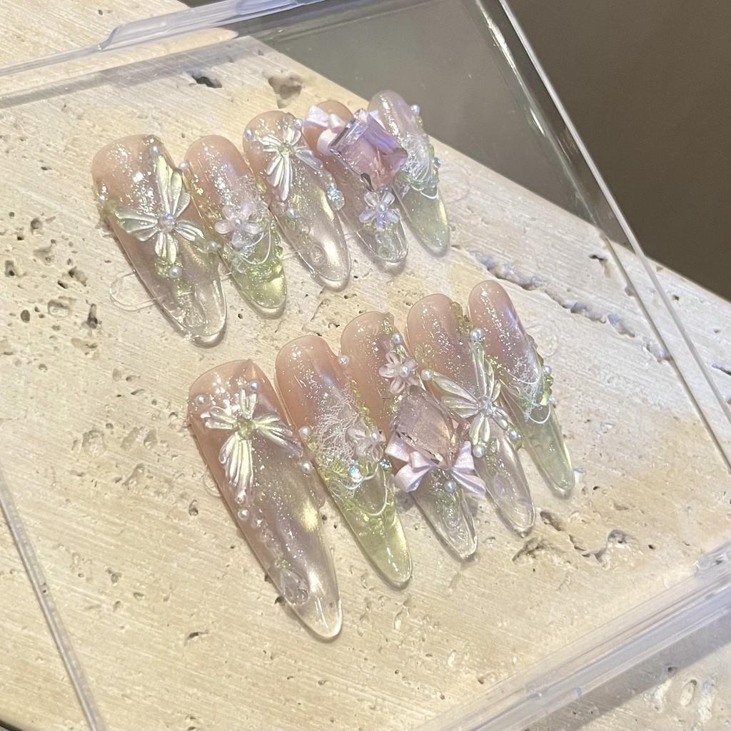 [Набор инструментов 5-в-1 + РУЧНАЯ РАБОТА] Ручная работа Накладные ногти Блестящие Дофаминовые Прозрачные Кошачий Глаз 3D Алмазный Бант Цветы Роскошные Накладные Ногти Патчи Искусственные Ногти Многоразовые Long Oval XS