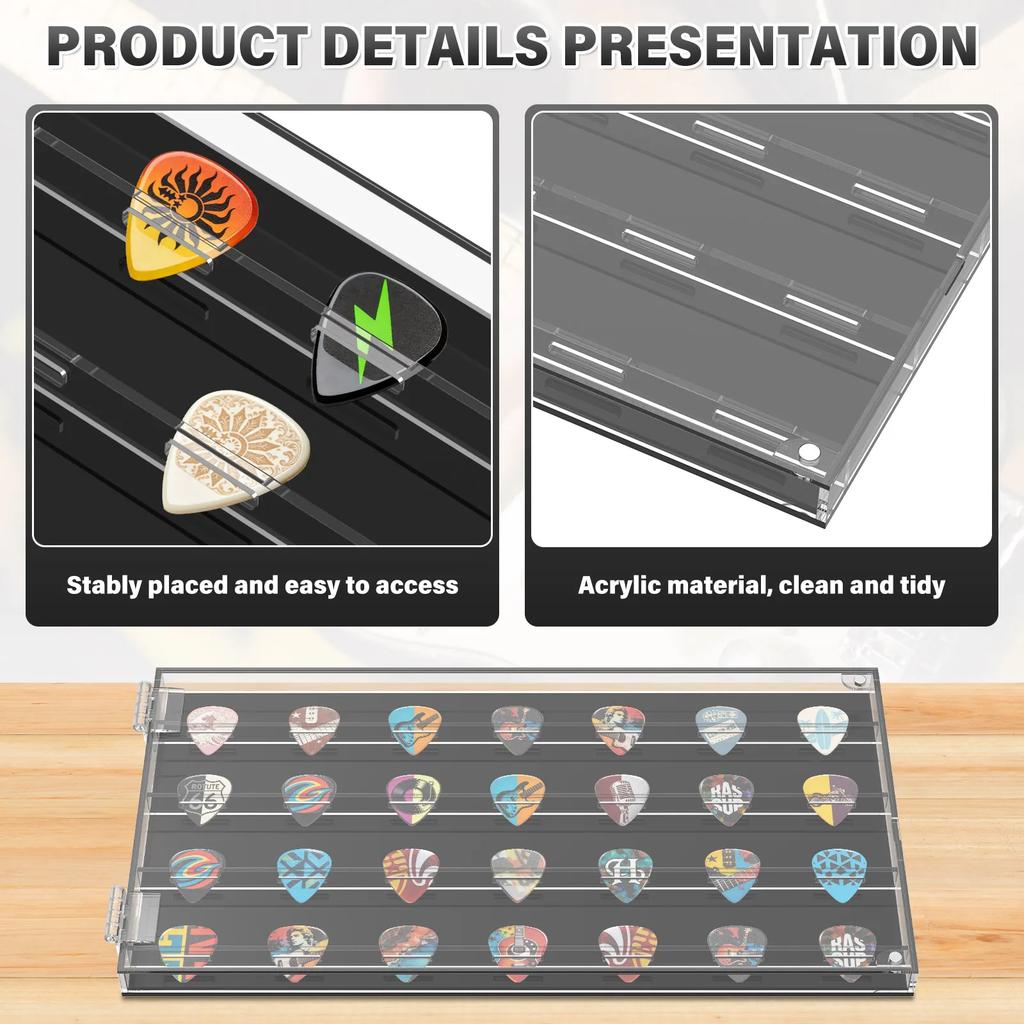 28 Slots Guitar Pick Display Case Acrylic Transparent Guitar Paddle Storage Box with Hook Large Capacity Guitar Pick Organizer