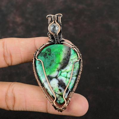 Green Dendrite Opal Pendant Copper Wire Wrapped Pendant Rainbow Moonstone Pendant Handmade Gemstone Jewelry Designer Pendant Copper Jewelry