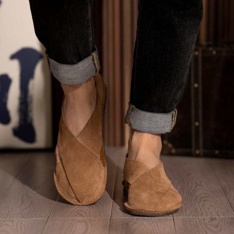 Summer handmade leather casual shoes men's bag head side empty one pedal single shoes retro men's sandals