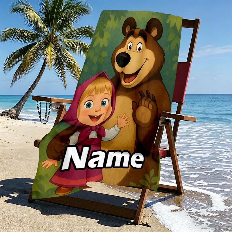 Custom Name Personalized Masha and The Bear Print Beach Towel, for Trip Camping Beach Party Home Decor, Birthday Gift for Family & Friends