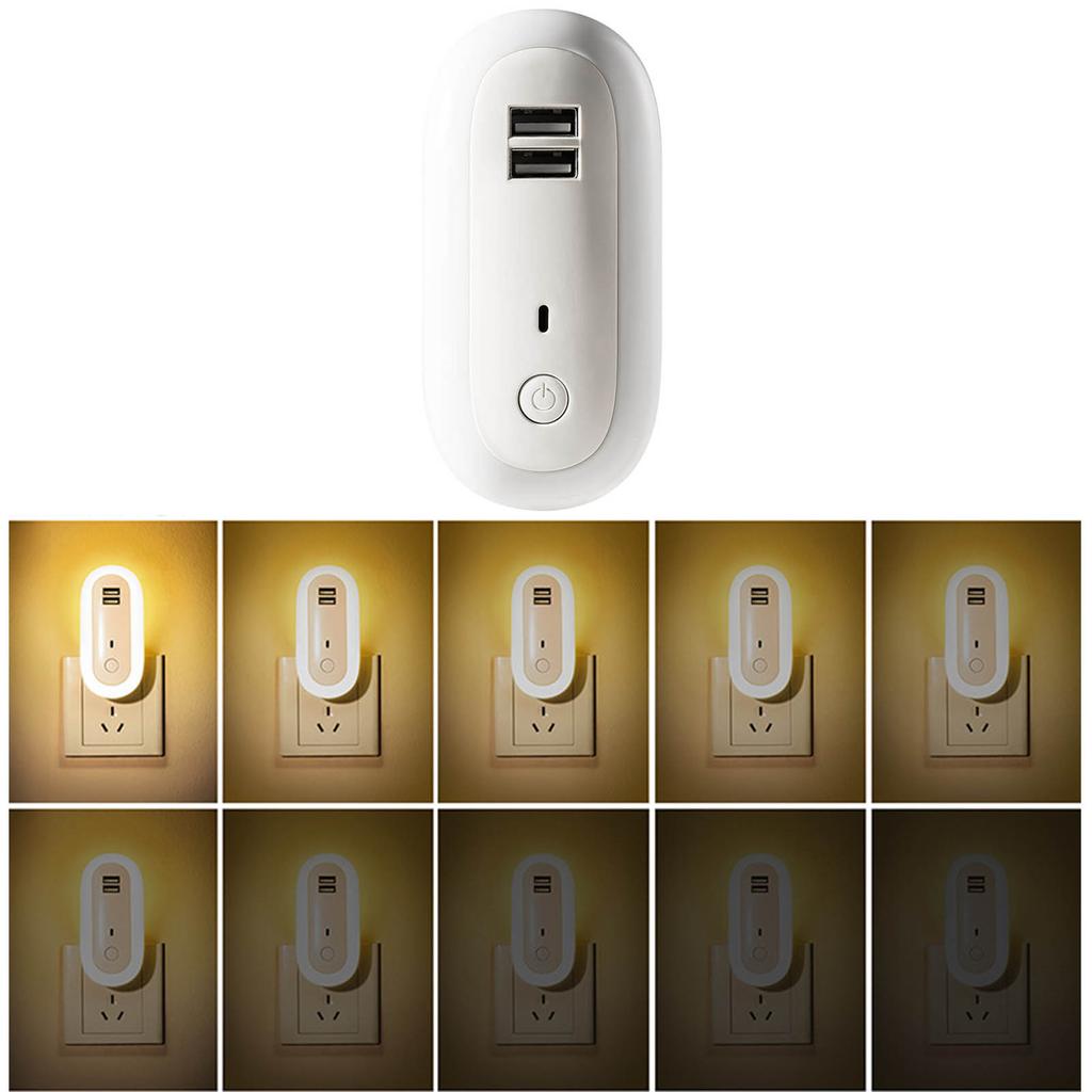 Night Lights Plug Into Wall LED Wall Bedside Lamp with 2 USB Charging Ports Adjustable Brightness