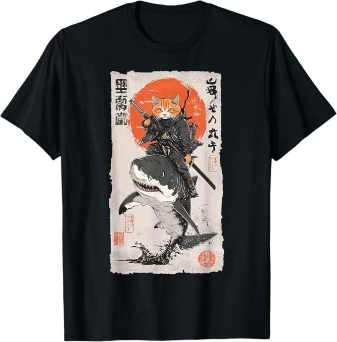 Epic Ninja Cat Riding Shark Funny Japanese Ukiyo-e Art T-Shirt 3XL