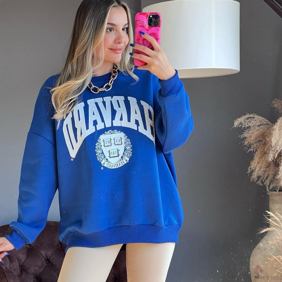 

Корейское Худи Оверсайз Женское Осень С Принтом Букв Свободное С Круглым Вырезом Модное Школьное С Длинным Рукавом Топ Графические Толстовки XXL синий