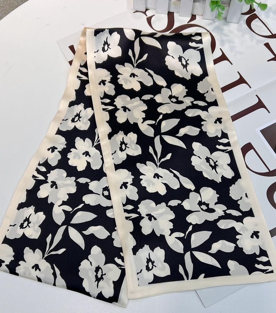 ! Black And White Small Floral Double-Sided Silk Scarf, Spring And Autumn Double-Layer Scarf, Mulberry Silk Scarf, Long Streamer
