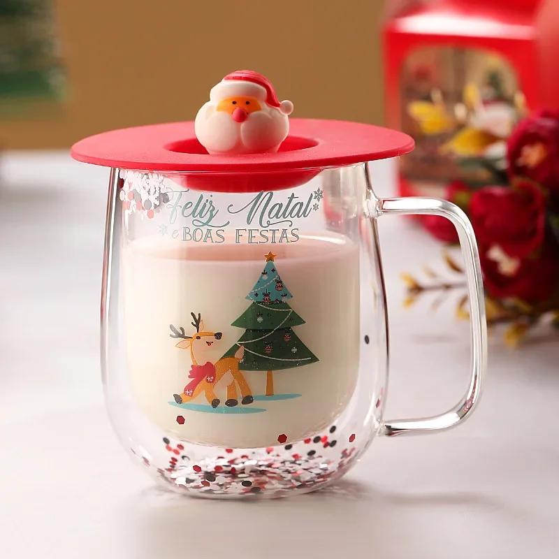 

250 мл двухслойная стеклянная термокружка с изображением Санта-Клауса, рождественской елки, стеклянная кофейная кружка, стаканчики для молока, сока, с крышкой и ручкой, рождественский подарок 250ML