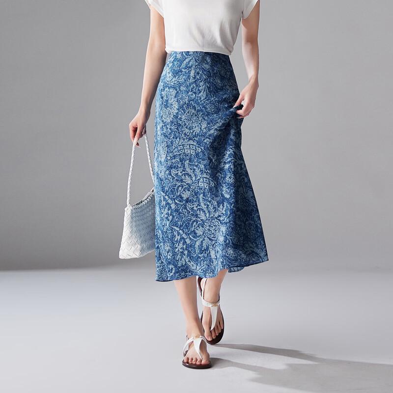SOFSIL 2026 Summer Silk Printed High-Waist Blue Midi Skirt