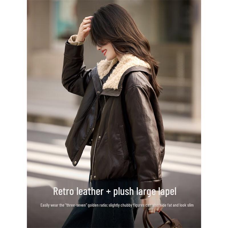 Xinfeyu Women's Faux Shearling Collar PU Leather Short Padded Jacket