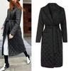 Autumn Winter Women's Notched Lapel Quilted Coat, Knee-Length Belted Waist Diamond Pattern Parka with Lightweight Warmth, Elegant Trench Style Jacket