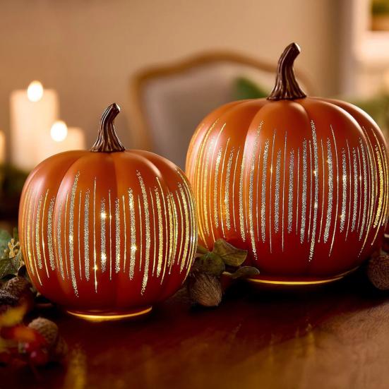 Halloweenská třpytivá dýňová ozdoba Blikající dýňová figurka Pryskyřičná soška Socha Domov Kancelář Podzimní Sváteční Sklizeň Festivalová Dekorace