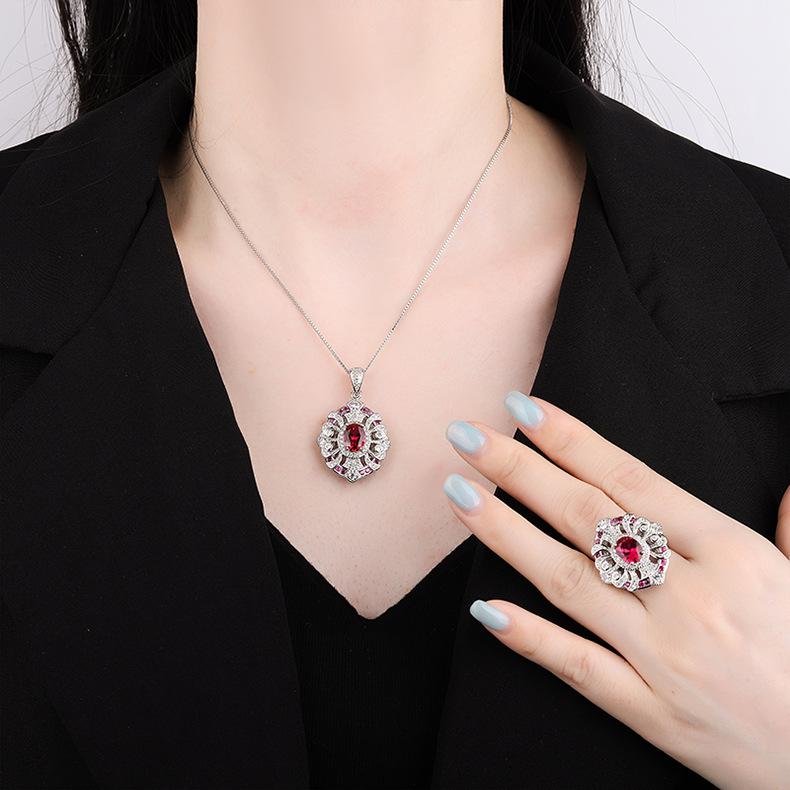 New Set Jewelry Tiktok Cross-border Simulation Red Corundum Necklace Pendant Green Nano Gem Ring Women's