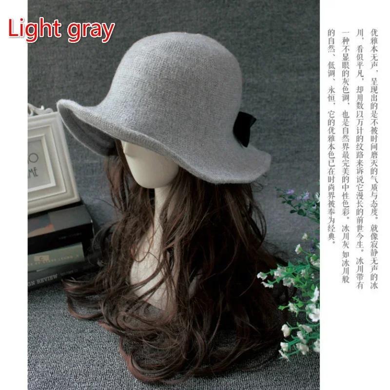 Vintage Wool Bucket Hats Women Fashion Bows Basin Fisherman Hat Winter Black Coffee Dark Camel Hat Ladies Head Accessories