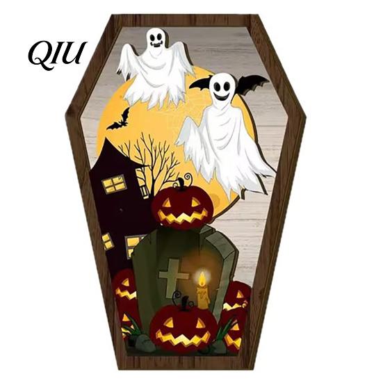 Halloween Entrance Sign Wooden Tombstone Shaped Table Block Spooky Ghost Pumpkin Durable Decor Bat Castles Tiered Tray Centerpiece for Party