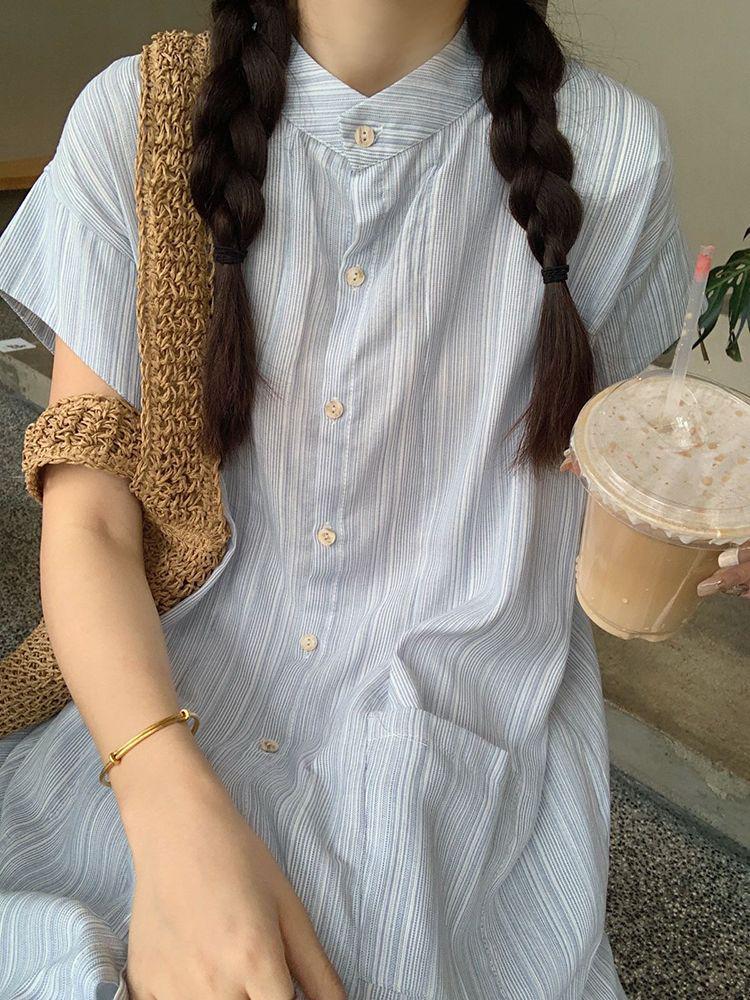 Women's Blue Striped Short-Sleeve Layered Shirt Dress – New 2026 Korean Style, Loose Mid-Length Two-Piece Summer Set.