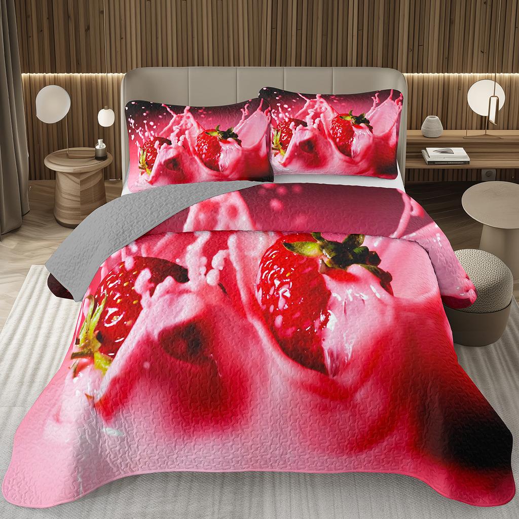 Strawberry Bedspread Kawaii Fruit Coverlet Twin King Size Cute Strawberries Quilt Set For Kids Girls Teens Adult Bedroom Decor