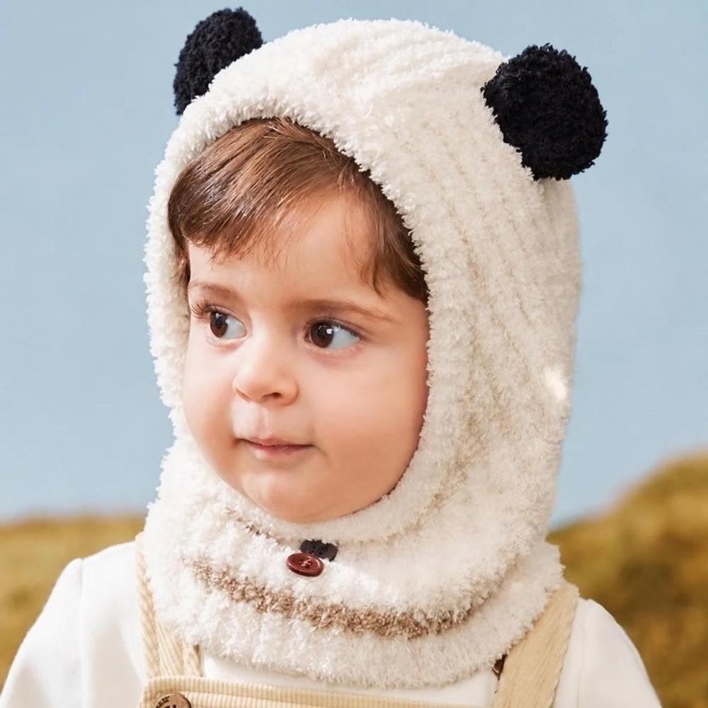Plush Ball Kids Balaclava Hat Thickened Hooded Beanie Cartoon Kids Scarf Cap Winter