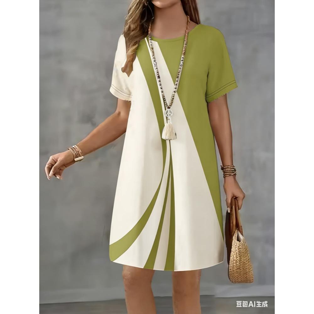 Short-sleeved round-neck striped pattern 3D printed women's fashionable mini dress