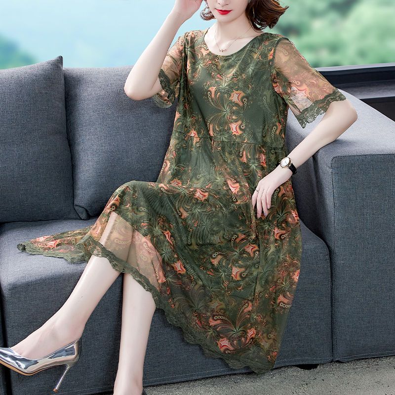 Chiffon Dress Mid-length Plus Size Printed Floral Over-the-knee Dress O-Neck Short Sleeve Loose