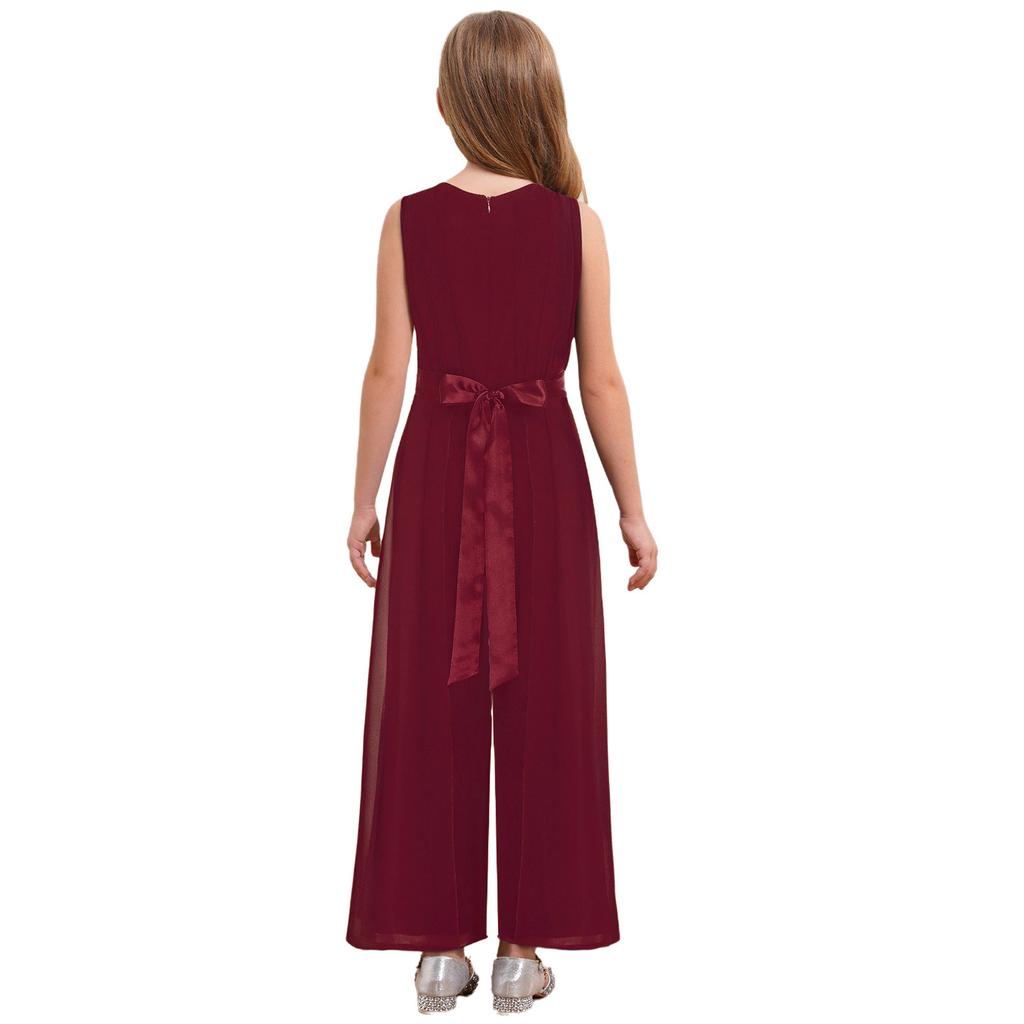 Girls Party Wear Solid Color Sleeveless High Waist Ruffled Chiffon Detachable Flower Wedding Jumpsuit