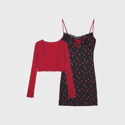 French Floral Suspender Dress & Knit Cardigan Suit for Women - Spring/Summer Seaside Wear