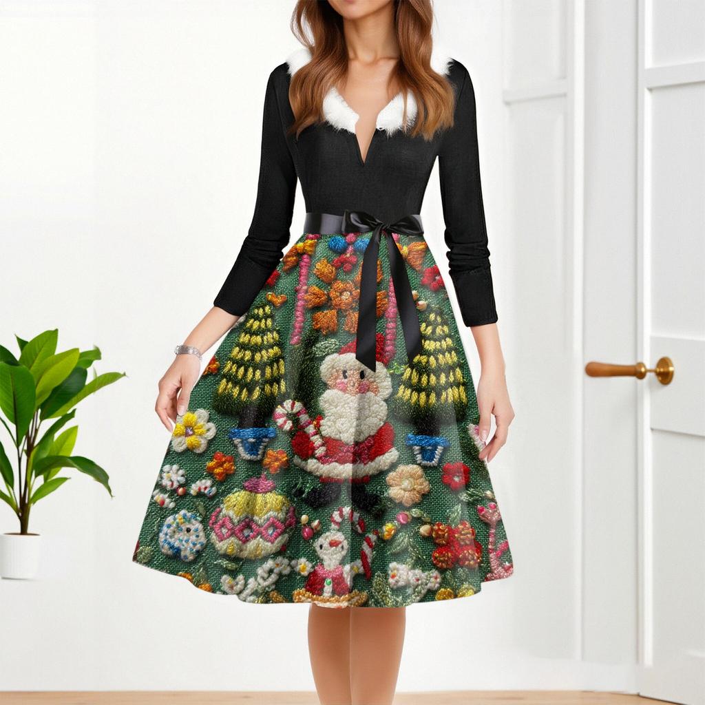 Women's Fashion Round Casual Slim Fit Christmas Print Large Swing Long Sleeve Dress