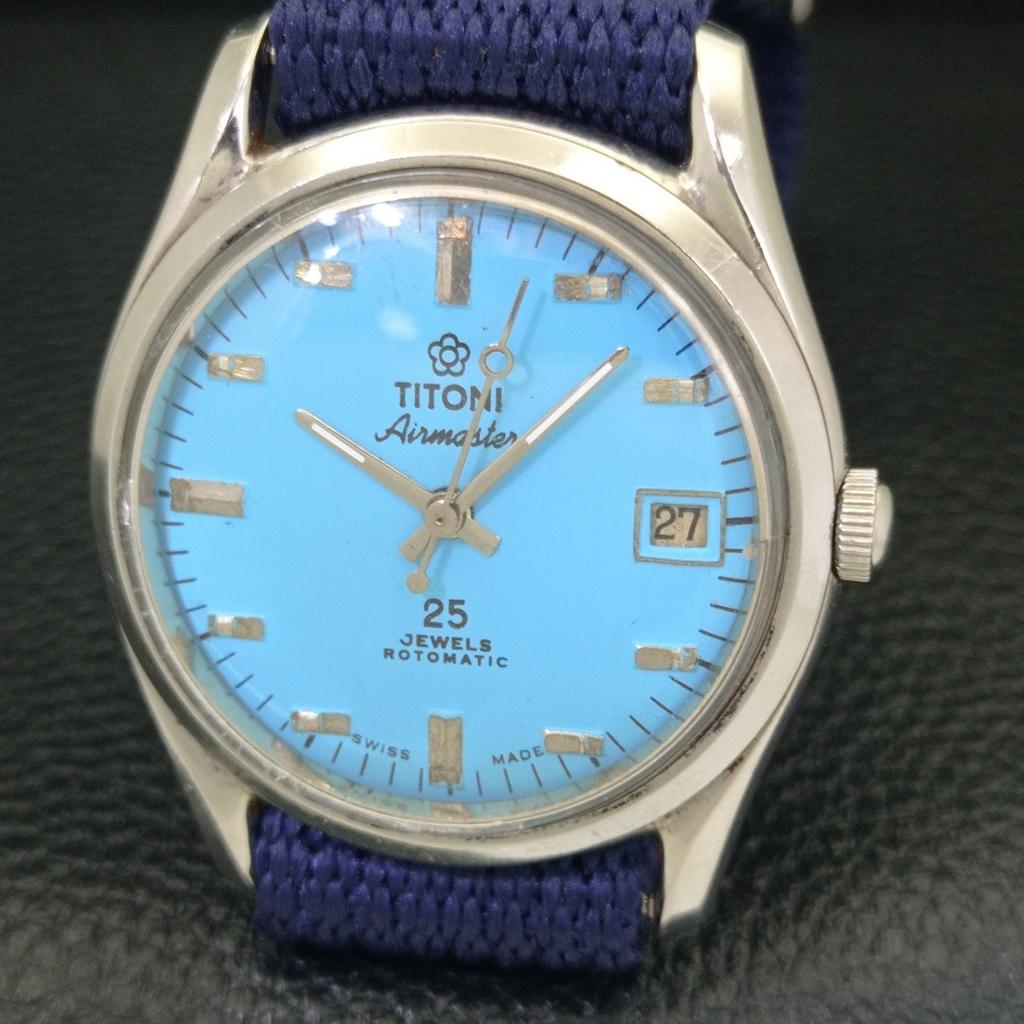 VINTAGE TITONI AIRMASTER ROTOMATIC SWISS MENS SKY BLUE DIAL WATCH a700140-5 R201-a700140