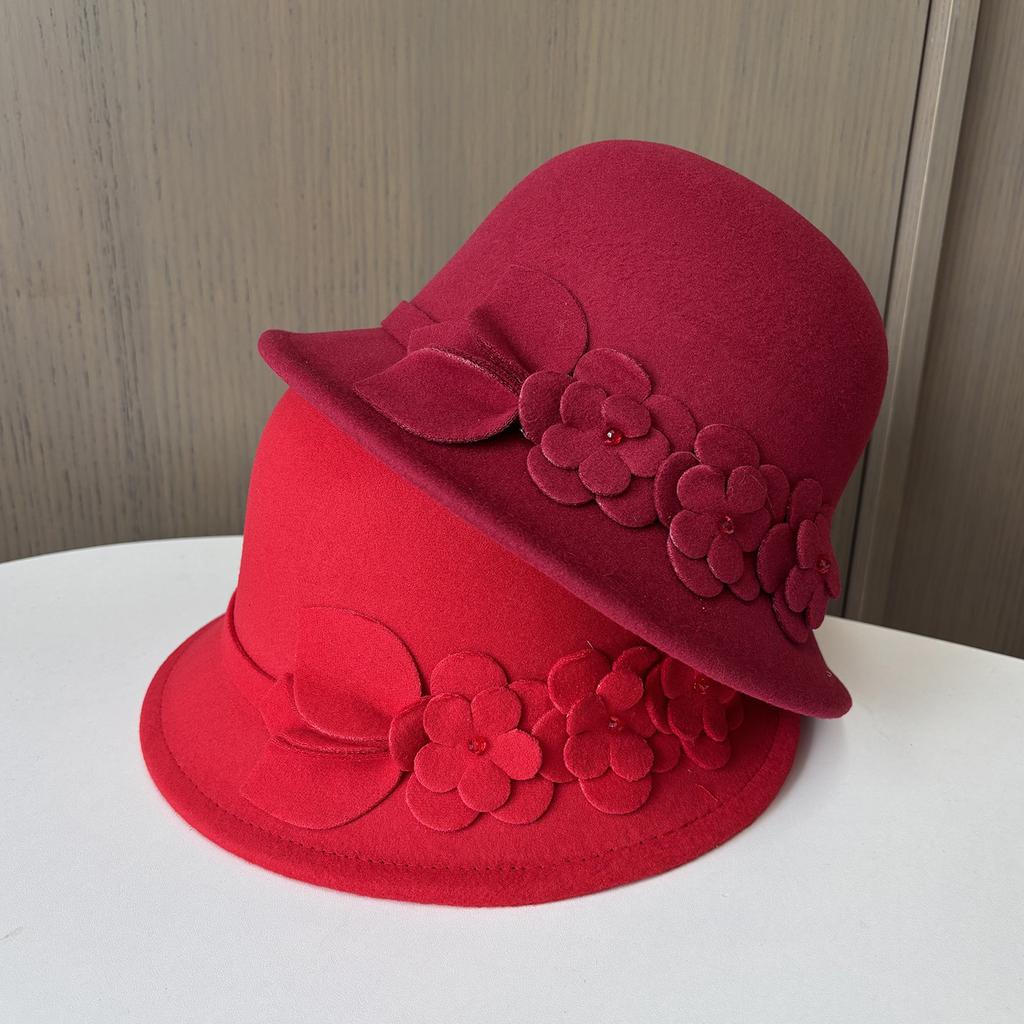 Autumn And Winter New Woolen Hat Female Elegance Flower Temperament Small Edge Top Hat Outdoor Travel Versatile Thermal Basin Hat