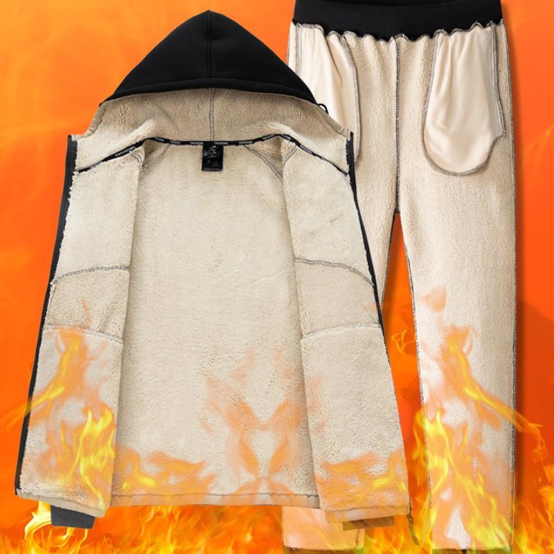 Men's Autumn and Winter with Cashmere Thickened Warm Lamb Cashmere Sports Two-piece Hooded Cardigan Sweatshirt Trousers New Suit