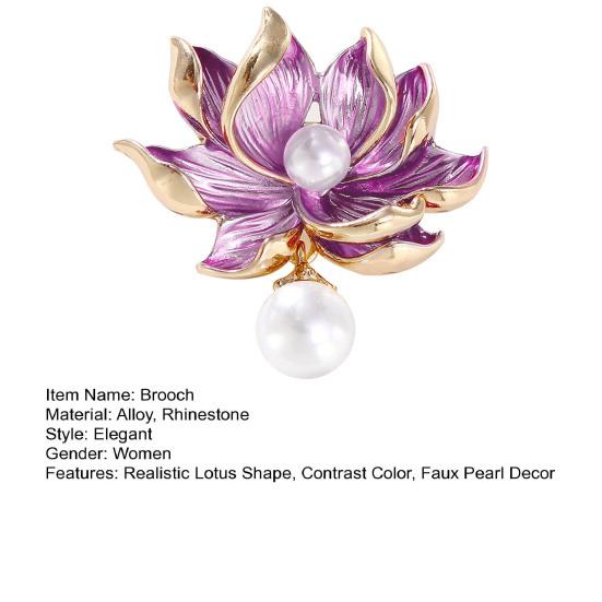Yousheng Women Brooch Lotus Flower Shape Faux Pearl Decor Contrast Color Realistic Flower High-end Luxury Lady Party Prom Clothes Pin Jewelry Decor