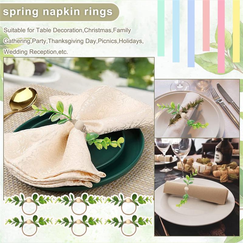 12Pcs Eucalyptus Napkin Rings, Wood Bead Napkin Rings Farmhouse Leaf Spring Napkin Rings For Dining Table Decorations Durable