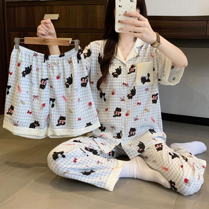 Cartoon Girl Small Fresh Cloud Cotton Pajamas Women'S Summer Short-Sleeved Three-Piece Set Black Cat Plaid Loungewear