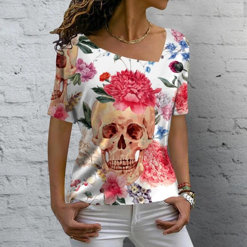 Vintage Skull Women's T Shirt 3D Printed Skew Collar Blouses Casual Short Sleeve Pullover Tops Summer Oversized Clothes Tees
