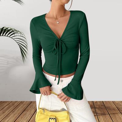 Women Tops V-neck Flared Long Sleeve Lace-up Pullover Tops Slim Fit Solid Color Casual Tops Versatile Daily Wear