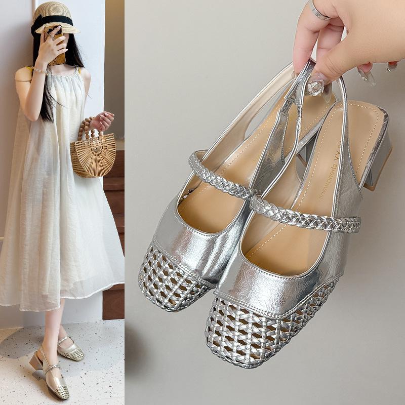 Genuine French retro square head Mary Jane sandals women's summer new hollow woven thick heel high heels with skirt