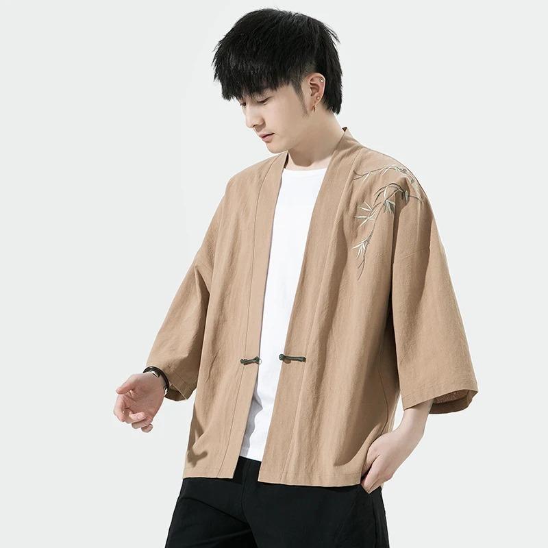 Summer Men's Cardigan Japanese Kimono Samurai Costume Clothing Bamboo Embroidered Kimono Shirt Yukata Haori Casual Coat