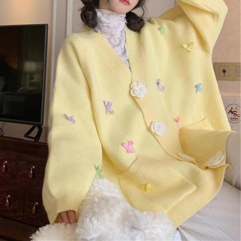 Ladies Bow Flower Decorative Sweater Korean Sweet Women V-neck Knitted Cardigan Autumn Loose Versatile Female Single Breasted