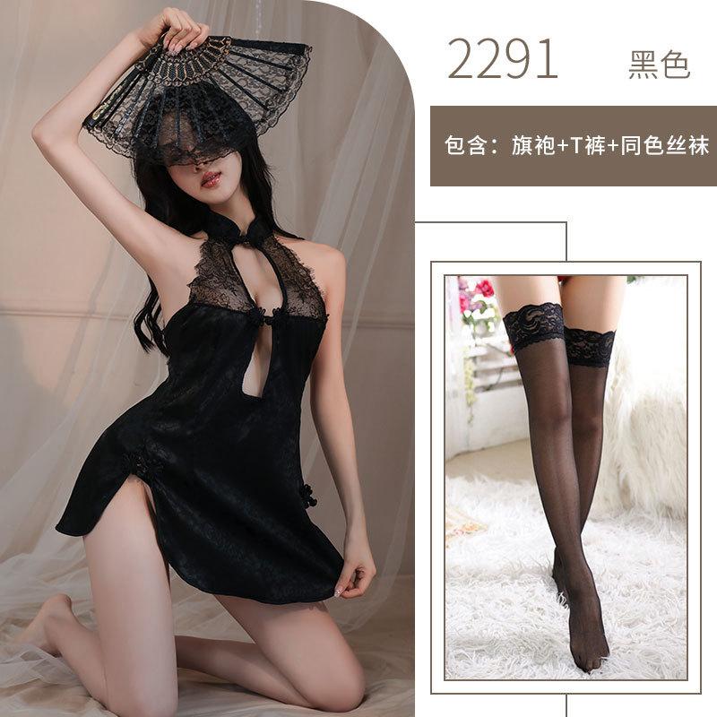 Sexy Retro Cheongsam Free Sex Underwear Women's Side Split Mesh Transparent Lace Large Size Uniform Temptation