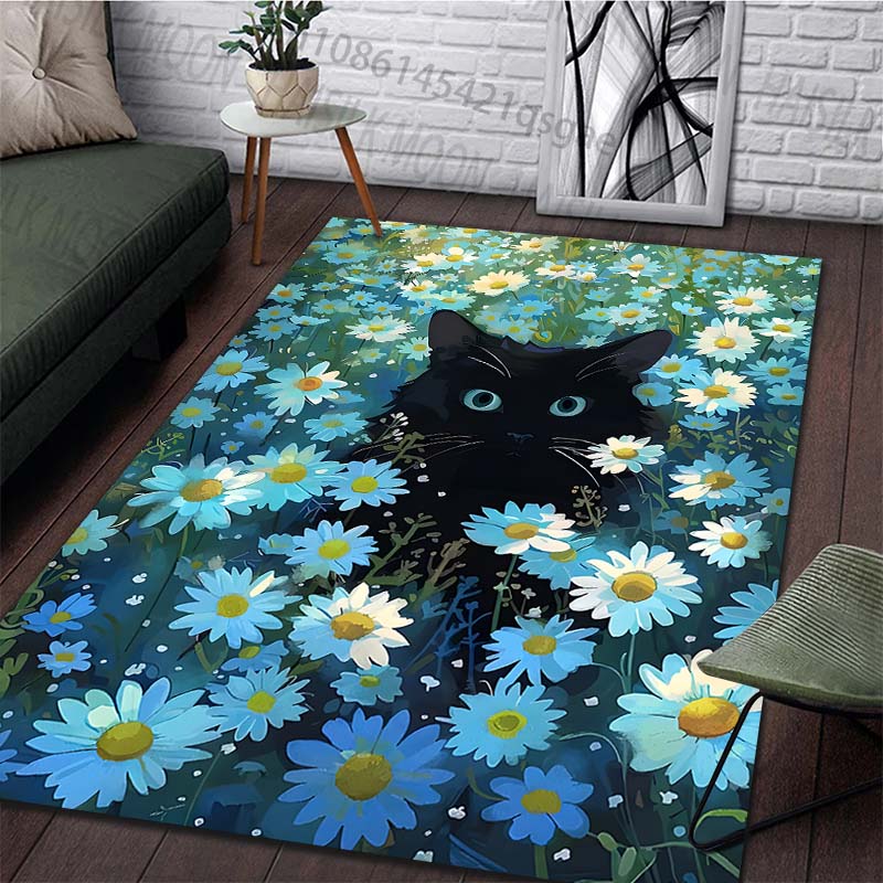 Multiple sizes Black cat amid blue daisies Print Carpet for Living Room Bedroom Sofa Home Decor Non-slip Mat Luxury Gift