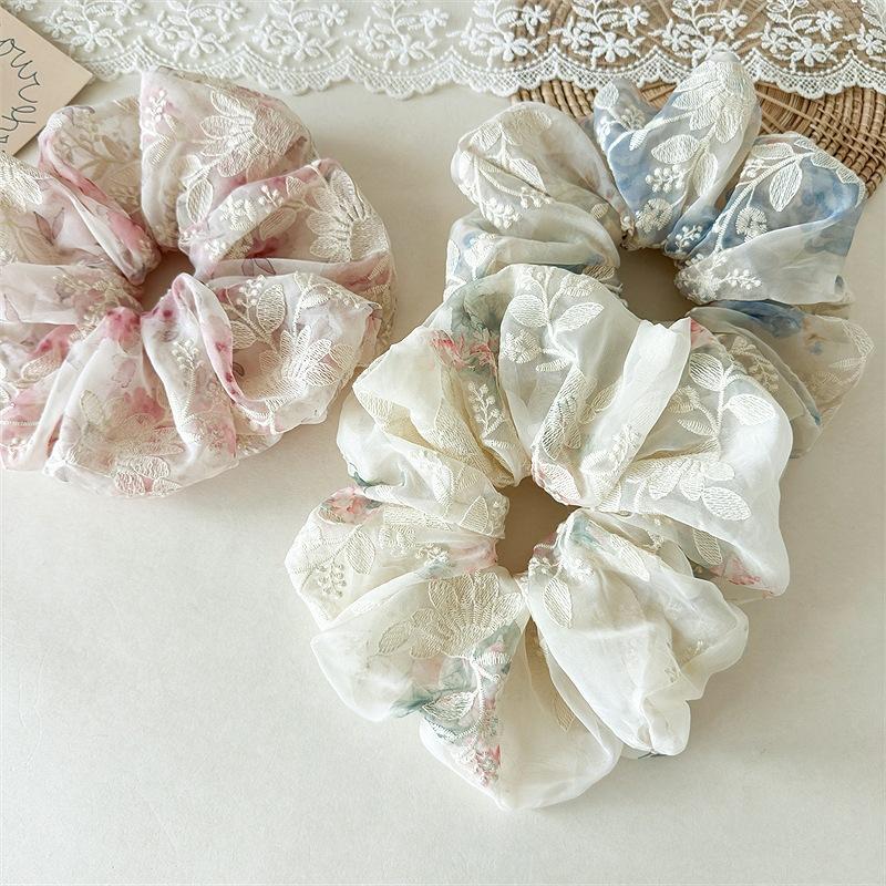 Translucent Embroidery Flower Hair Ties Sheer Aesthetic Floral Scrunchies Romantic Bride Maid Hair Jewelry For Women
