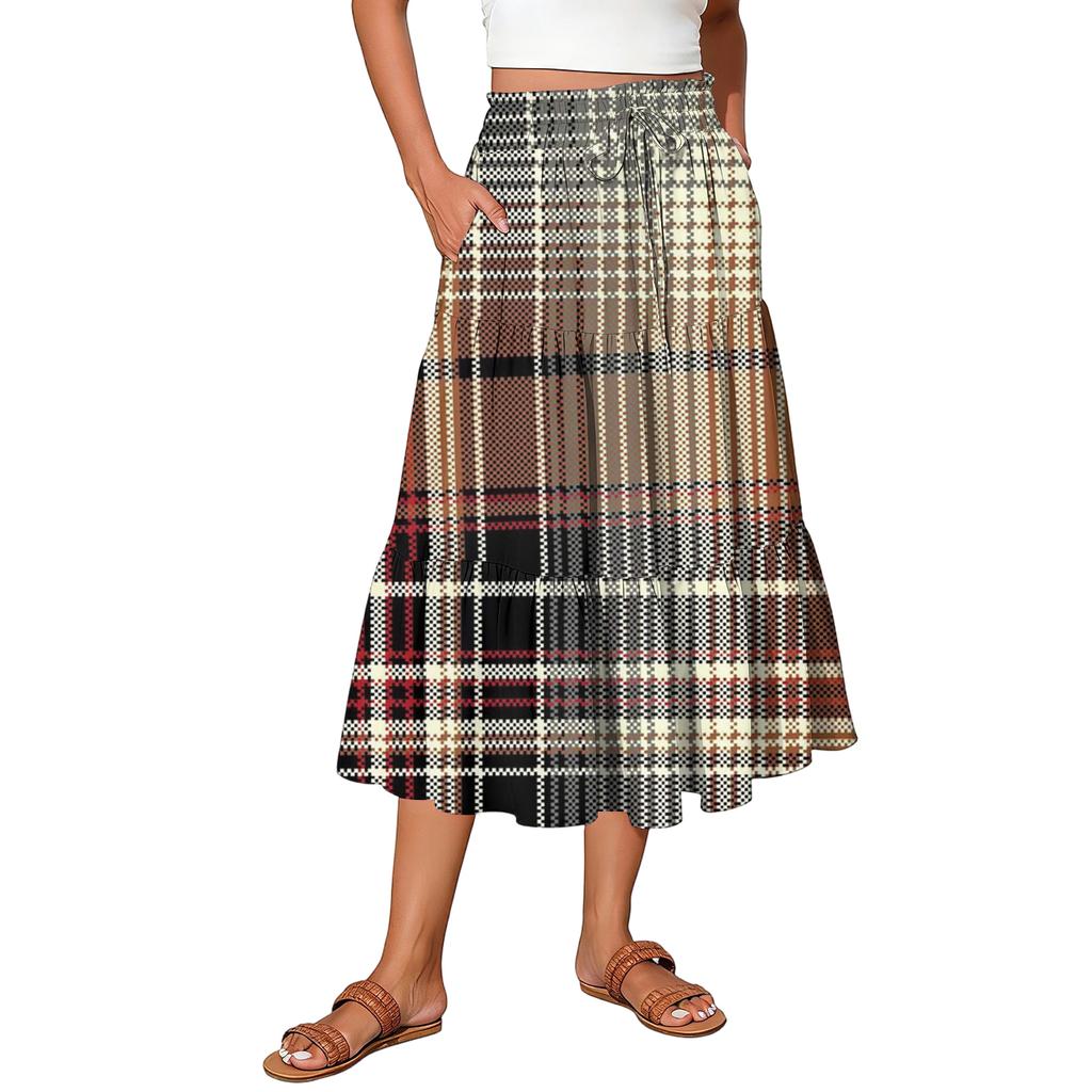 Ladies' Plaid Printed Casual Elastic Waist Drawstring Skirt