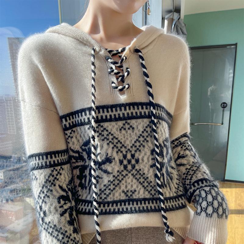 Women's 100% Pure Wool Color Block Hooded Pullover – Thickened Australian Knit Base Layer for Autumn/Winter