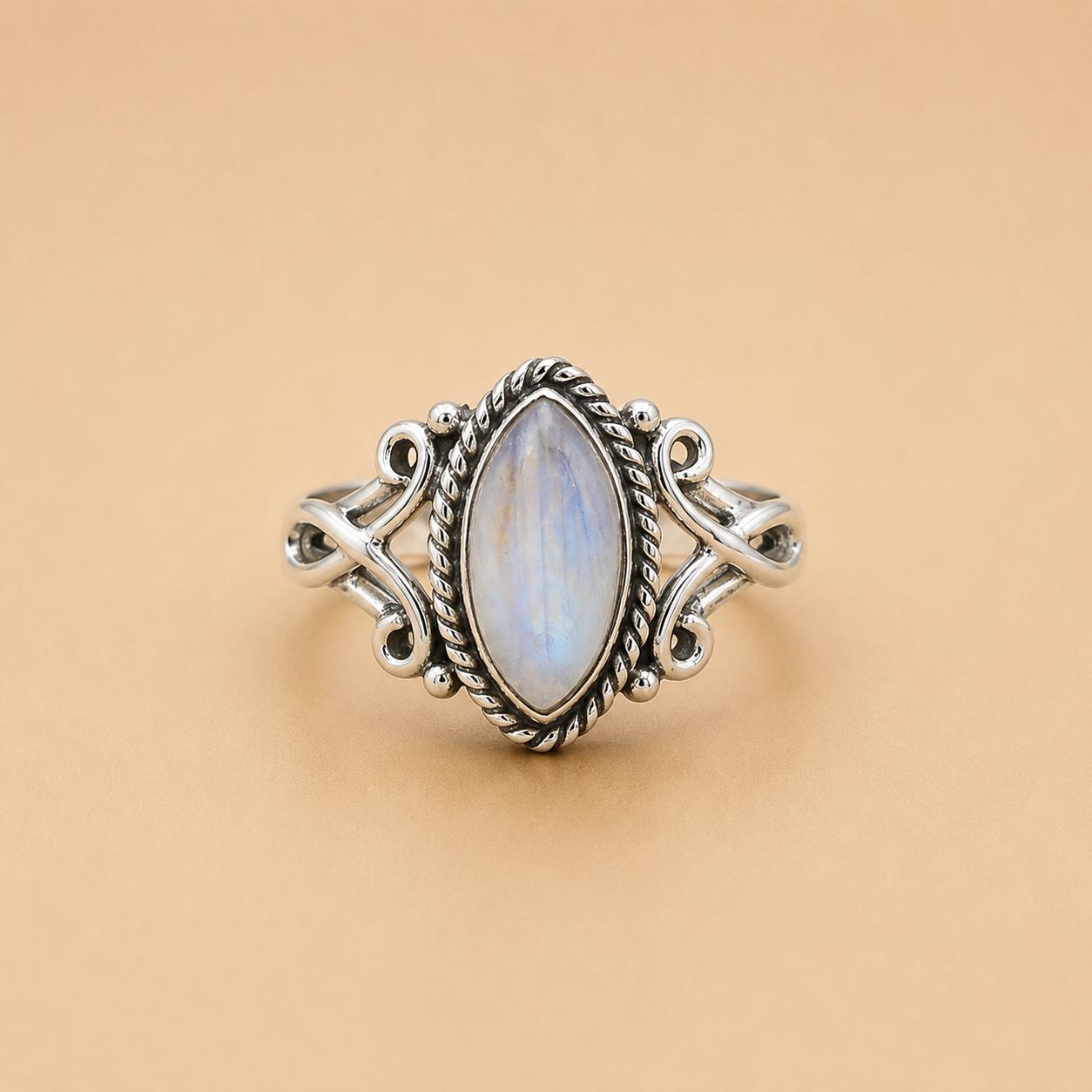 

Moonstone Marquise Ring in 925 Sterling Silver, Vintage Boho Statement Ring, Handmade Blue Flash Gemstone Jewelry for Women 4 серебряный