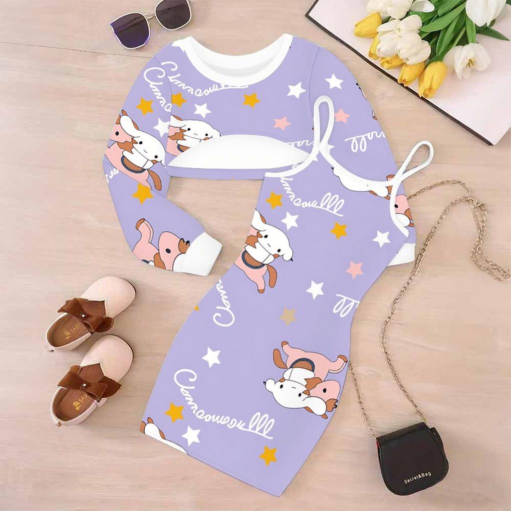Girls Cartoon 2 Piece Outfits, Long Sleeve Crop Top + Spaghetti Strap Bodycon Dress, Light Fresh Cartoon Print Party Dress Set