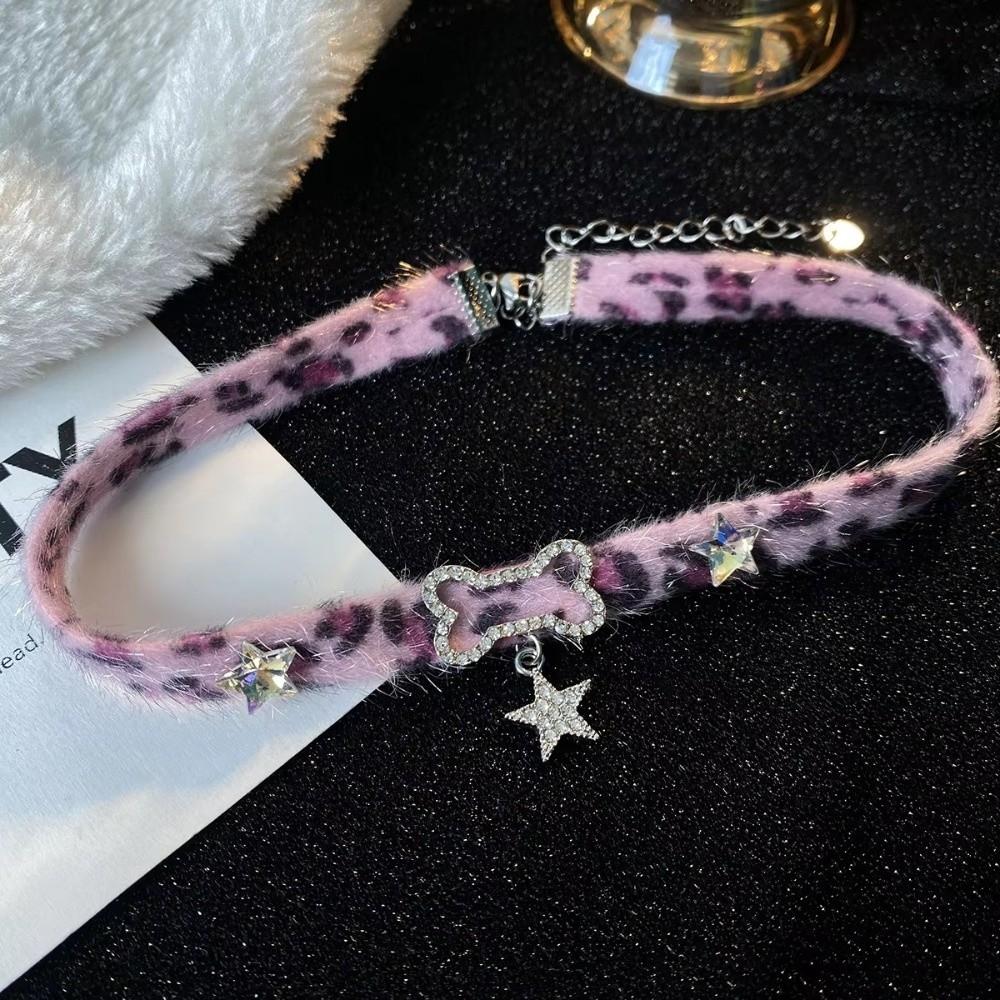 Plush Chokers Necklace Pink Leopard Print Neck Accessories Star Pendant Necklaces for Women Girls